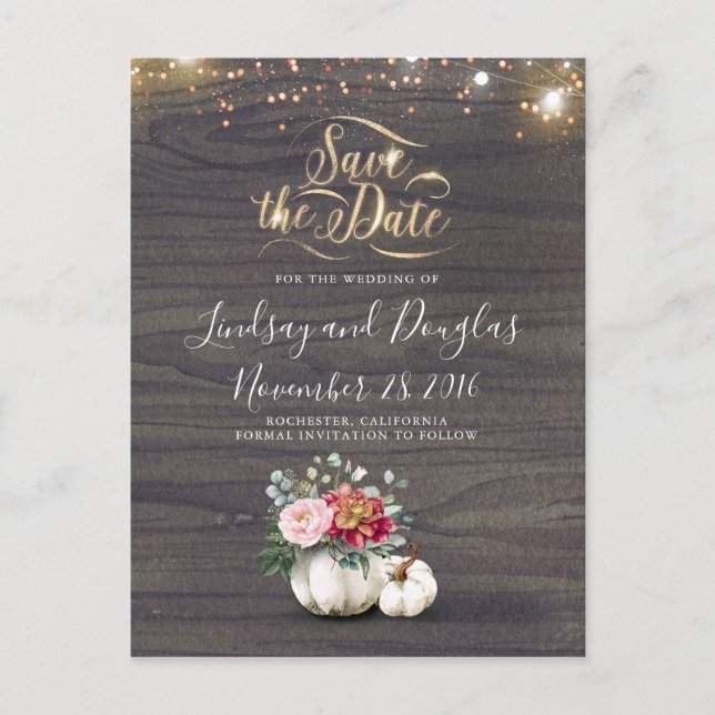 Carte Postale Faire-part Couronne Florale Blanche Citrouille Rustique Autom (Devant)