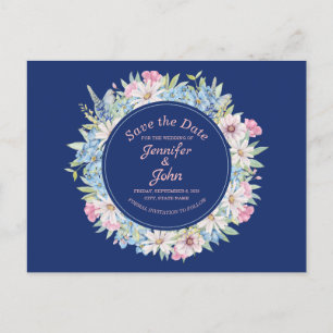 Carte Postale Faire-part Couronne florale charmante Bleu Économisez la date