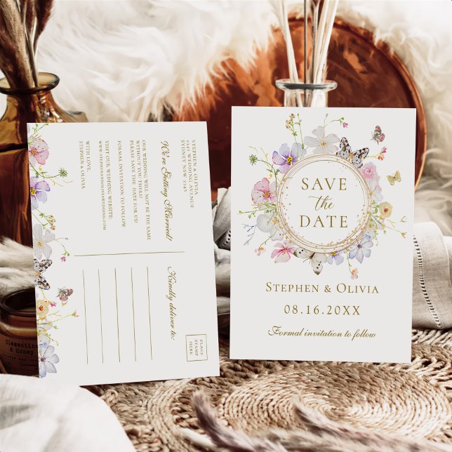 Carte Postale Faire-part Couronne florale de fleurs sauvages modernes Save  (Créateur téléchargé)