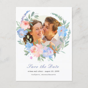 Carte Postale Faire-part Couronne florale rose bleue Mariage Économisez la