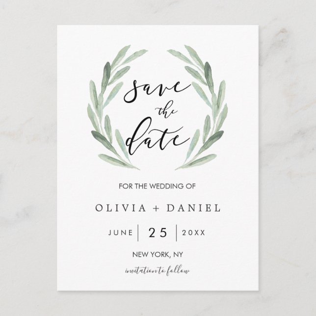 Carte Postale Faire-part Couronne verte rustique Simple mariage Sauvegarder (Devant)