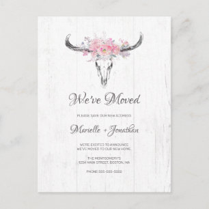 Carte Postale Faire-part Crâne de vache rustique Blush Floral Boho Moving