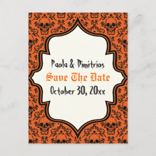 Carte Postale Faire-part Crânes damas orange noir Halloween Enregistrer la