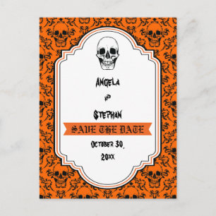Carte Postale Faire-part Crânes damas orange noir Halloween Enregistrer la