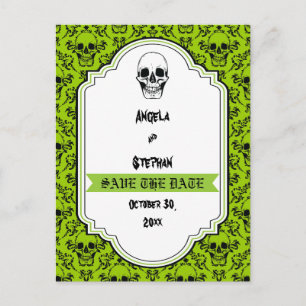 Carte Postale Faire-part Crânes damas vert noir Halloween Enregistrer la da