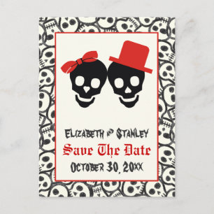 Carte Postale Faire-part Crânes Halloween rouge mariage noir Enregistrer la