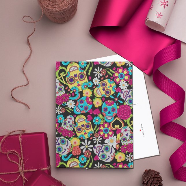 Carte Postale Faire-part Crânes Squelette Gardener | Crânes à sucre floraux (Créateur téléchargé)