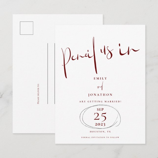 Carte Postale Faire-part Crayon Minimal Nous En Script Bourgogne Enregistre (Devant / Derrière)