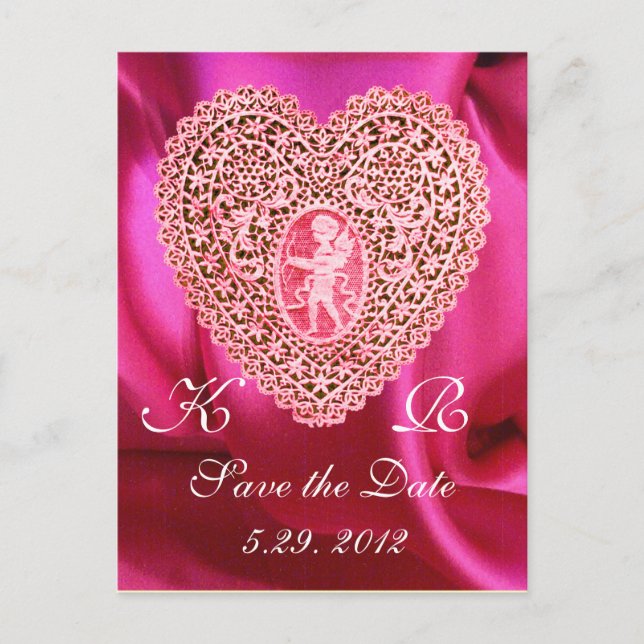 Carte Postale Faire-part CUPID LACE COEUR SOIE FUCHSIA TISSU , Rose Rouge (Devant)