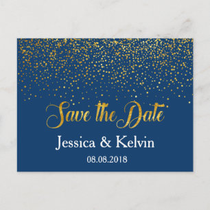 Carte Postale Faire-part Custom Navy Gold Foil Confetti Enregistrer la date