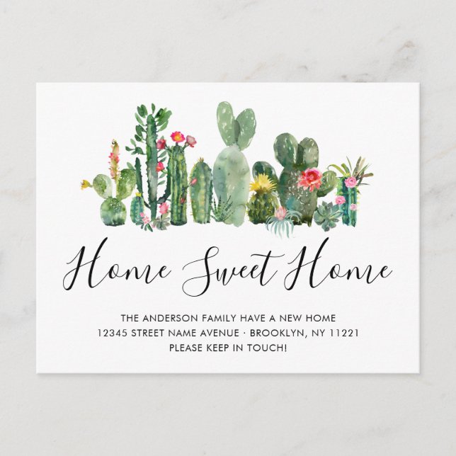 Carte Postale Faire-part Cute Aquarelle Cactus Nouveau Accueil Sweet Home M (Devant)