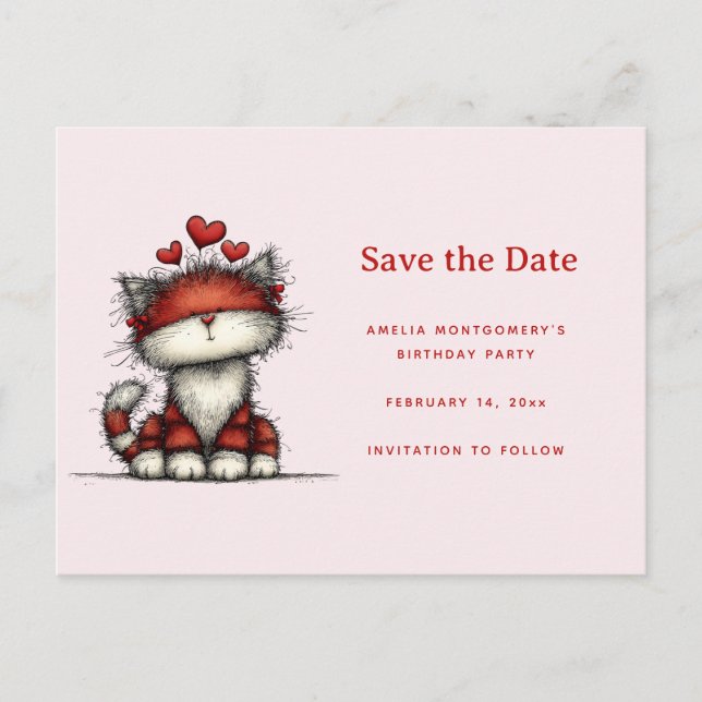 Carte Postale Faire-part Cute Cat with Red Love Hearts (Devant)
