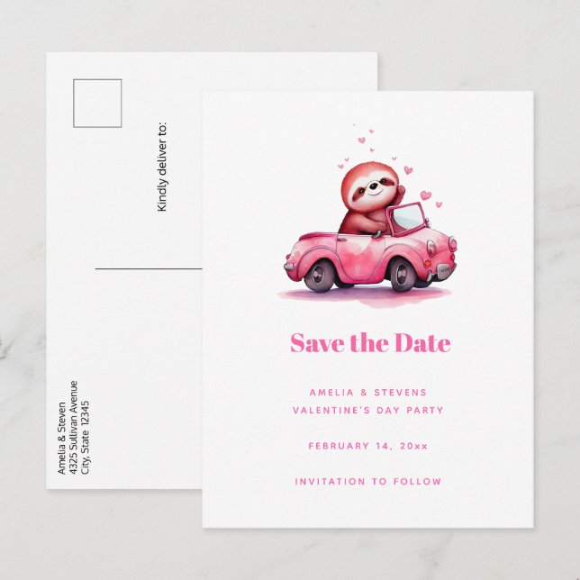 Carte Postale Faire-part Cute Sloth in a Pink Convertible (Devant / Derrière)