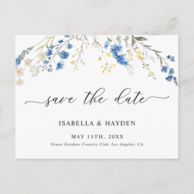 Carte Postale Faire-part Dainty Blue Wild Flowers Marine Floral Enregistrer (Devant)