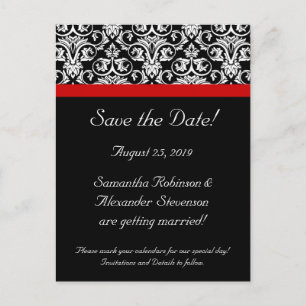 Carte Postale Faire-part Damas noir avec accent rouge Enregistrer la date