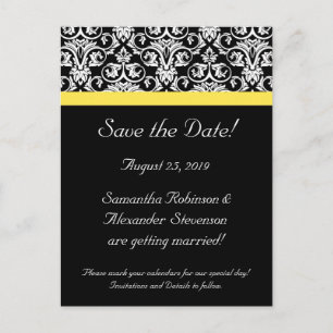 Carte Postale Faire-part Damas noir/blanc avec jaune vif