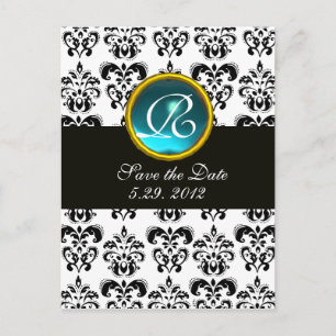 Carte Postale Faire-part DAMAS NOIR ET BLANC Monogramme Bleu Aigue-Marine