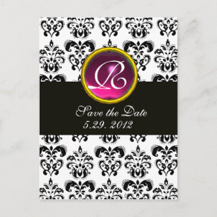 Carte Postale Faire-part DAMAS NOIR ET BLANC Monogramme Rose Améthyste