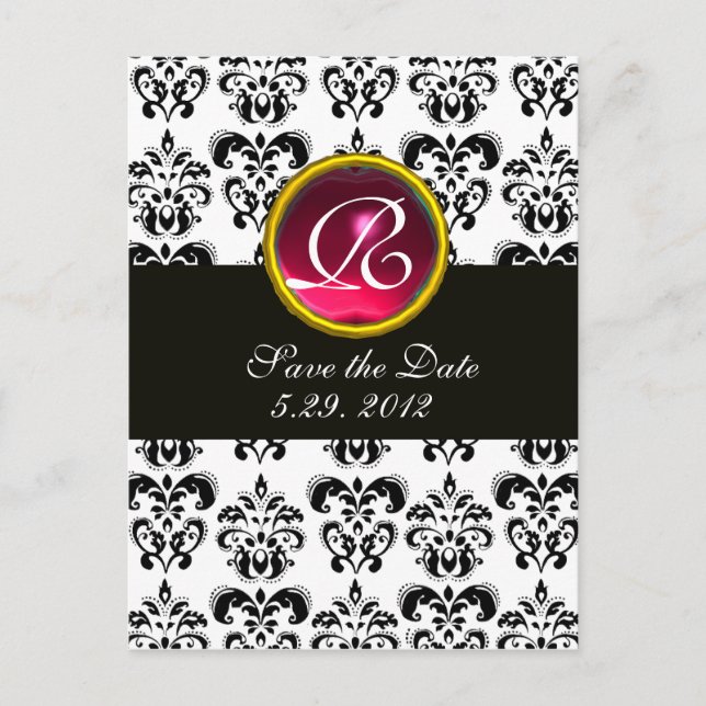Carte Postale Faire-part DAMAS NOIR ET BLANC Monogramme Rose Rouge Rubis (Devant)