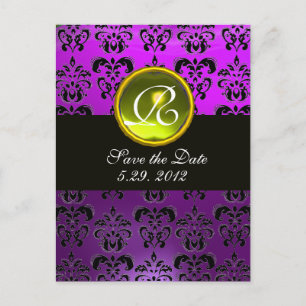 Carte Postale Faire-part DAMAS NOIR ET VIOLET TOPAZE JAUNE Monogramme