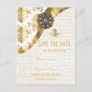 Carte Postale Faire-part Damas parchemin blanc et or enregistrer la date