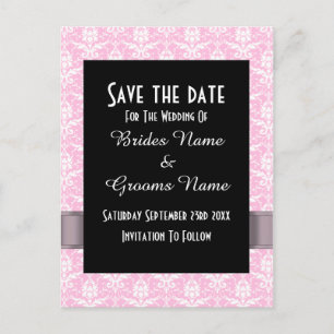 Carte Postale Faire-part Damas rose et blanc enregistrer la date