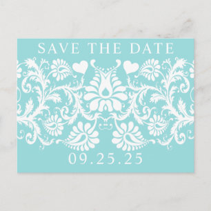 Carte Postale Faire-part Damas Vintage Blanc Sur Bleu Aqua Delicé