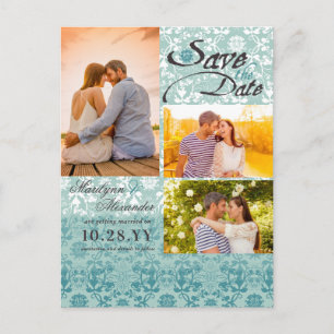 Carte Postale Faire-part Damask Lace Turquoise Blue Photo Enregistrer La Da