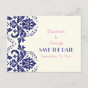 Carte Postale Faire-part Damask marine bleu, mariage rose Enregistrer la da