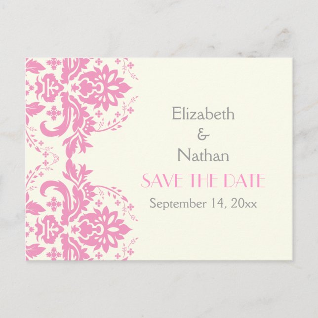 Carte Postale Faire-part Damask rose, gris, ivoire mariage Enregistrer la d (Devant)
