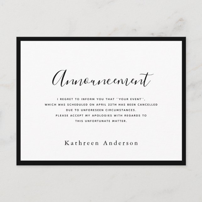 Carte postale Faire-part d'annulation de script bl (Devant)