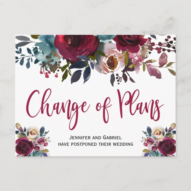 Carte Postale Faire-part Date de mariage reportée Burgundy Navy Floral (Devant)