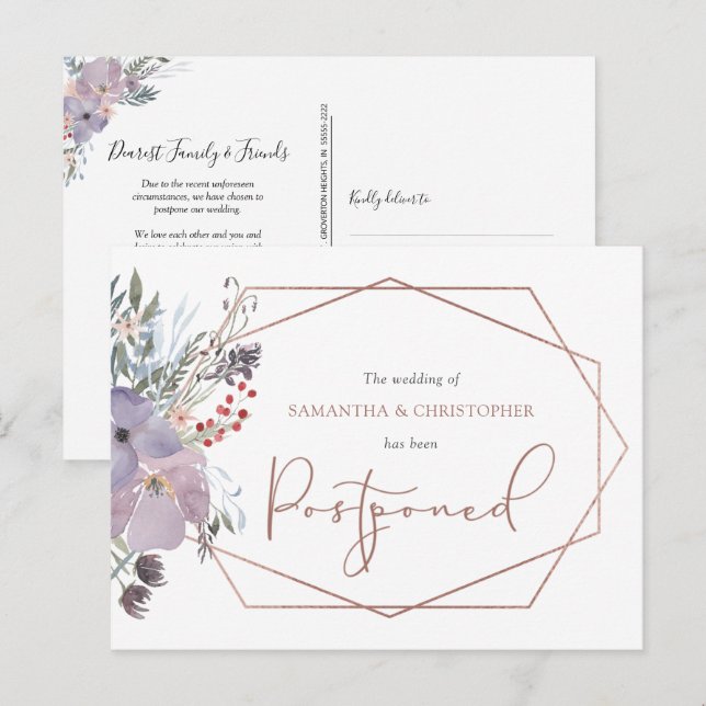 Carte Postale Faire-part Date du Mariage Reportée Fleurs Géométriques Modif (Devant / Derrière)