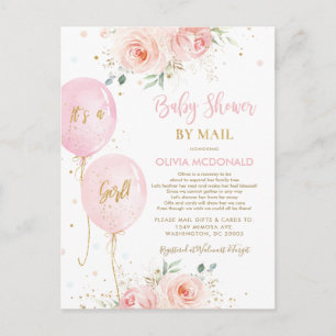 Carte Postale Faire-part de Baby Shower Ballons Floraux Rose Chi