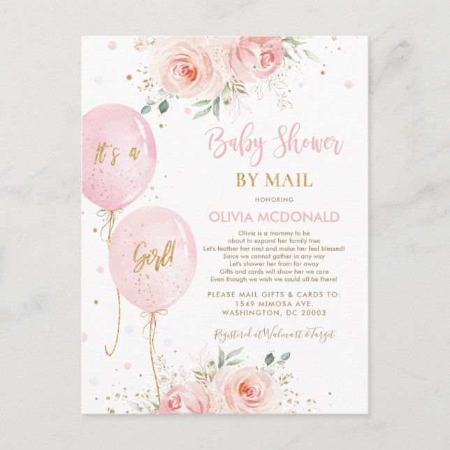 Carte Postale Faire-part de Baby Shower Ballons Floraux Rose Chi (Devant)