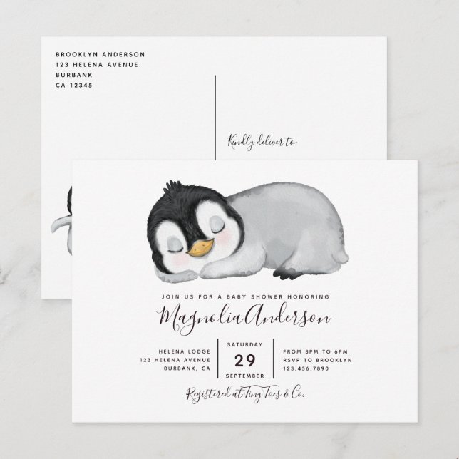 Carte Postale Faire-part de Baby Shower Manchot Mignon (Devant / Derrière)