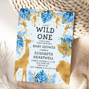 Carte Postale Faire-part de Baby Shower Safari Blue Gold Boy