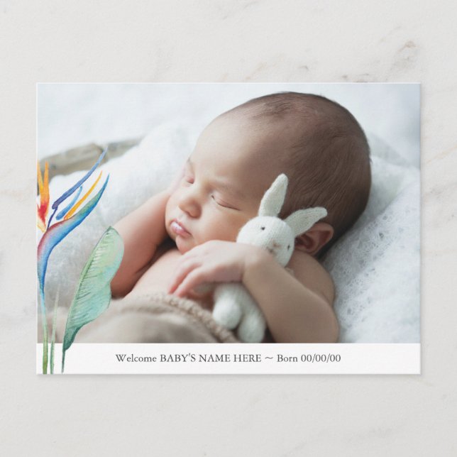 Carte Postale Faire-part de bébé à fleurs tropicales neutres sel (Devant)