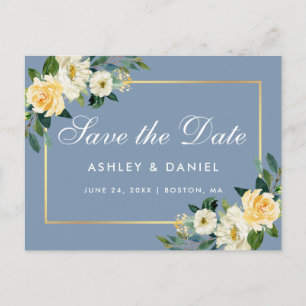 Carte Postale Faire-part de carton jaune floral aquarelle bleu p