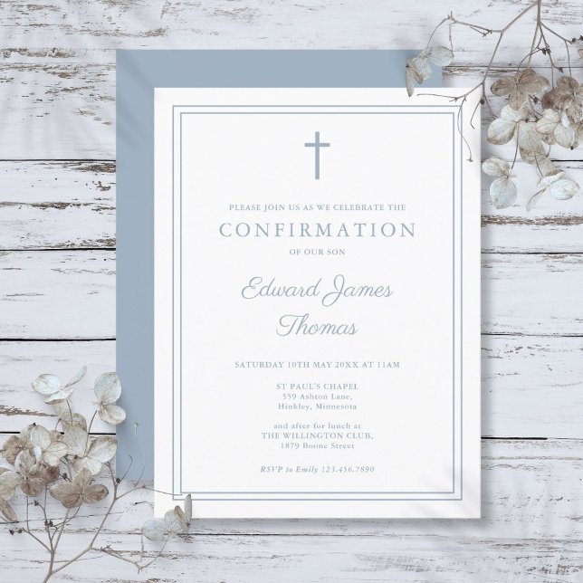 Carte Postale Faire-part de confirmation moderne à bordure bleu  (Modern Dusty Blue Border Confirmation Invitation Postcard)
