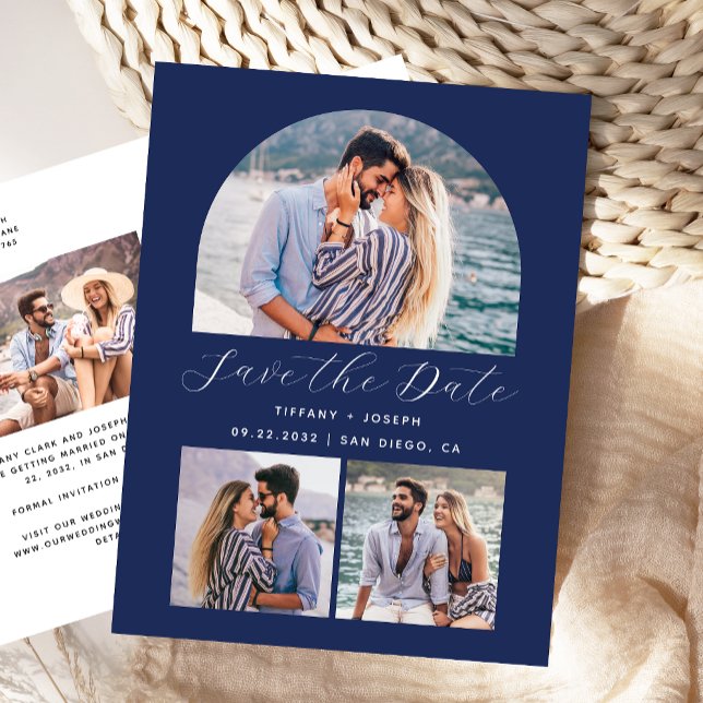 Carte Postale Faire-part de date de mariage bleu marine avec 4 p (Créateur téléchargé)