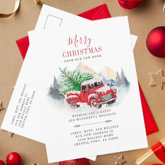 Carte postale Faire-part de déménagement (Christmas Greetings red Truck in Snow Holiday Moving Announcement Greetings)