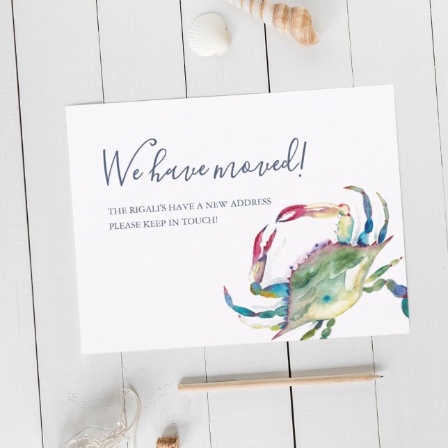 Carte Postale Faire-part de déplacement du crabe d'aquarelle (New address moving announcement postcard watercolor blue crab art by Victoria Grigaliunas)