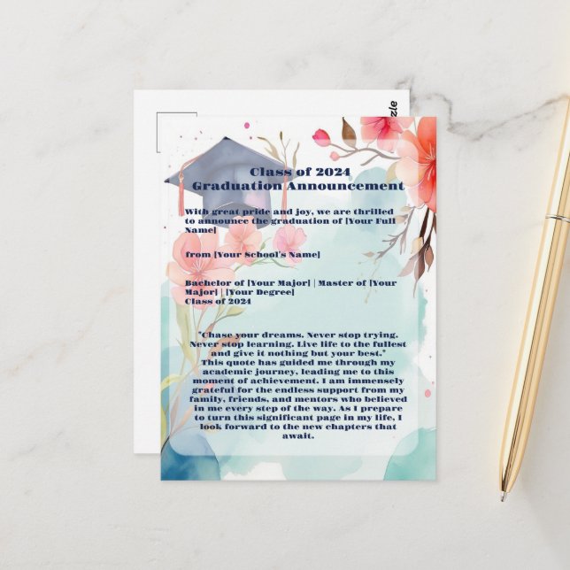Carte Postale Faire-part de graduation aquarelle (Devant/Arrière en situation)