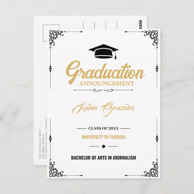 Carte Postale Faire-part de graduation en blanc de script classi (Devant / Derrière)