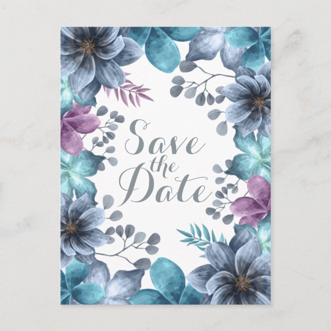 Carte Postale Faire-part de mariage à l'aquarelle bleue poussiér (Devant)