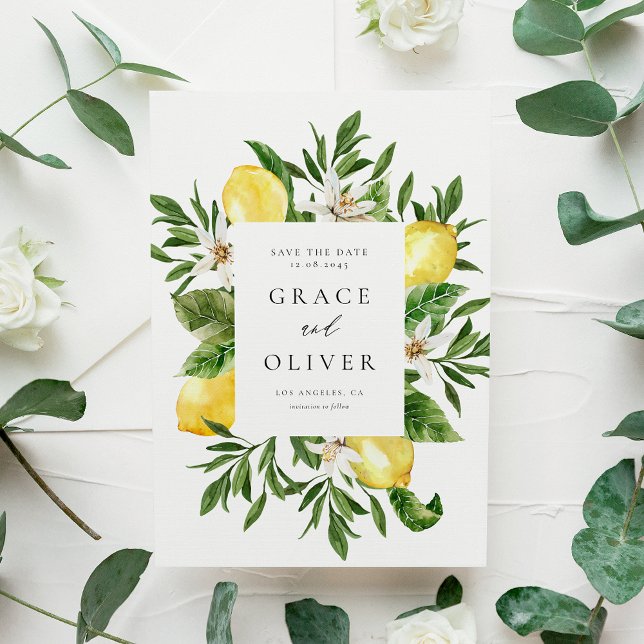 Carte Postale Faire-part de mariage à motif de fleurs de citron  (Watercolor Lemons and Greenery Frame Save the Date Postcard)