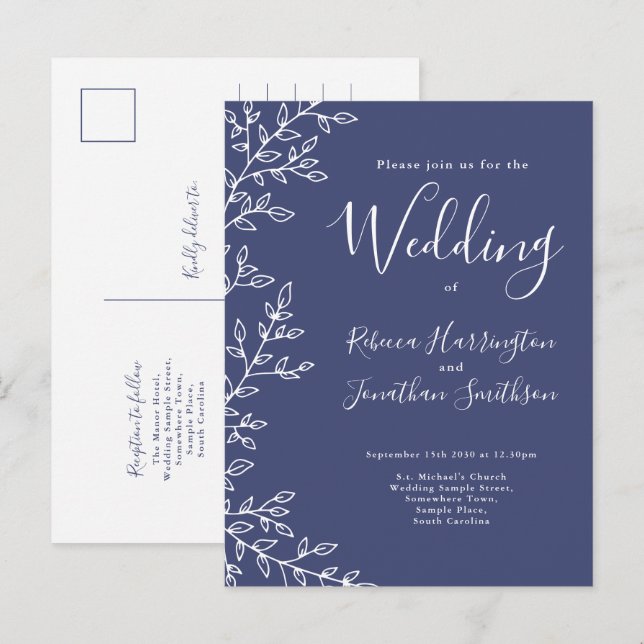 Carte postale Faire-part de mariage bleu marine à  (Devant / Derrière)