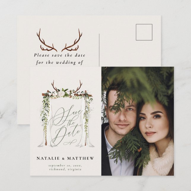 Carte Postale Faire-part de mariage bohème à l'aquarelle et bois (Devant / Derrière)