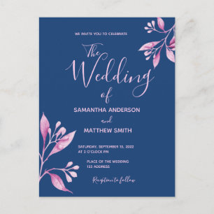 Carte Postale Faire-part de mariage botanique bleu rose pâle